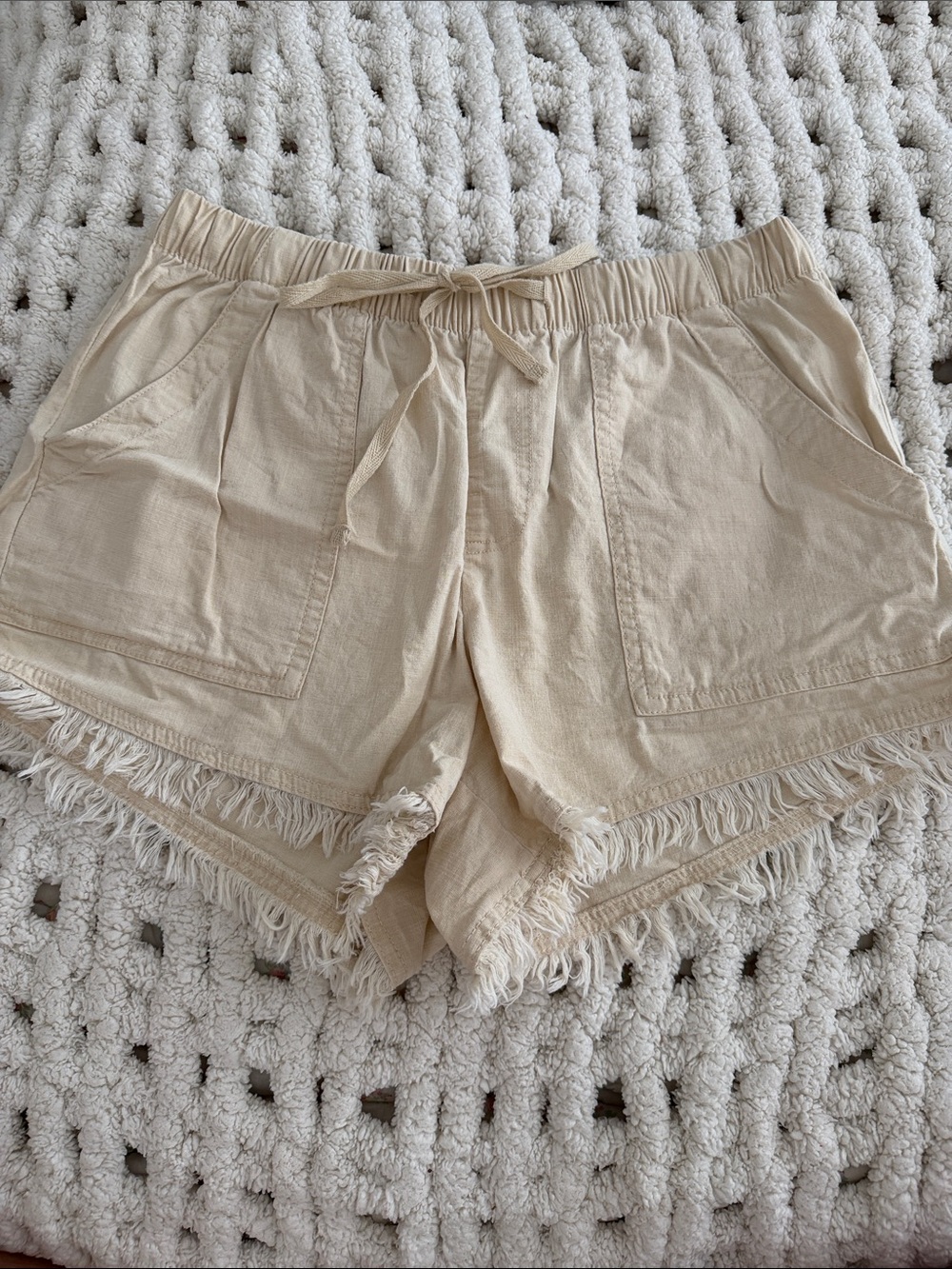 Beige Fringe Hem Women's Shorts